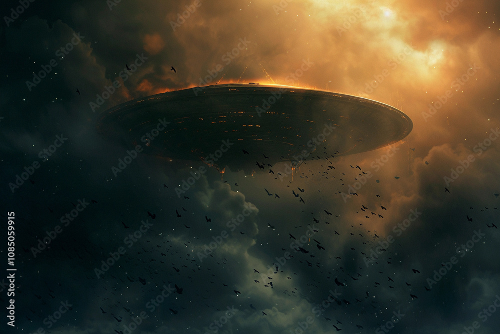 Iron oval UFO saucer hovering over beautiful landscape in dramatic sky Iron oval UFO saucer hovering over beautiful landscape in dramatic sky