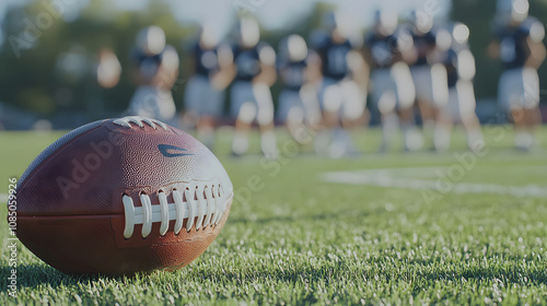 A Close-Up of a Football on Turf with Players in the Background, Highlighting the Anticipation of the Game Ahead on the Field photo