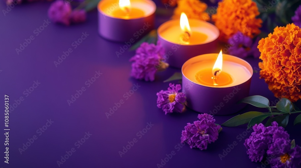Tranquil scene with purple candles and vibrant flowers for relaxation. Tranquil scene with purple candles and vibrant flowers for relaxation.