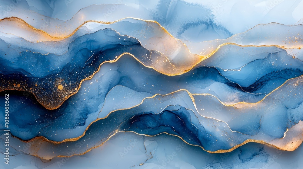 Abstract watercolor waves in blue and gold tones, creating a soothing visual effect. Abstract watercolor waves in blue and gold tones, creating a soothing visual effect.