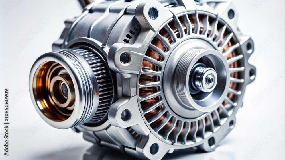 Close-Up of a Car Alternator with Shallow Depth of Field on White Background, Perfect for Automotive Illustrations or Technical Manuals, Showcasing Mechanical Details and Precision Engineering Close-Up of a Car Alternator with Shallow Depth of Field on White Background, Perfect for Automotive Illustrations or Technical Manuals, Showcasing Mechanical Details and Precision Engineering