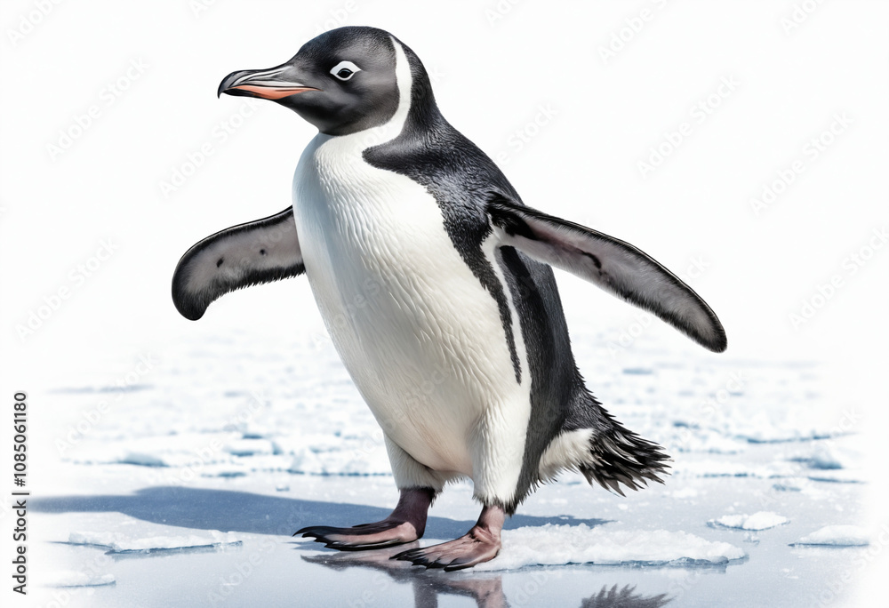 Fototapeta premium Gentoo Penguin Walking on Ice in Antarctic Landscape