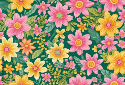 Cheerful background with colorful floral pattern. Features flowers in shades of pink, yellow and green.