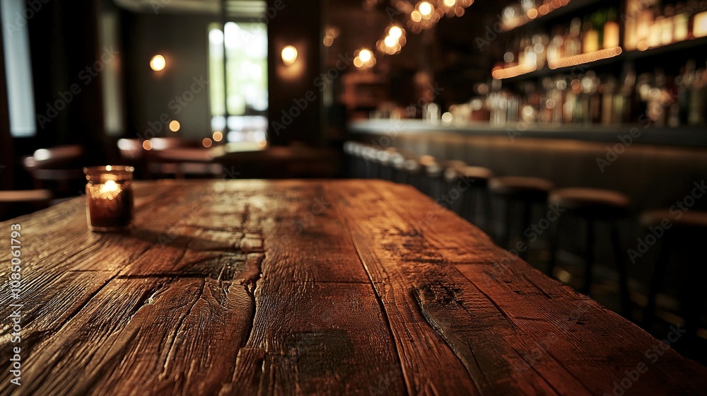 A close-up view of a rustic wooden tabletop with a blurred background of a dimly lit bar interior. A close-up view of a rustic wooden tabletop with a blurred background of a dimly lit bar interior.