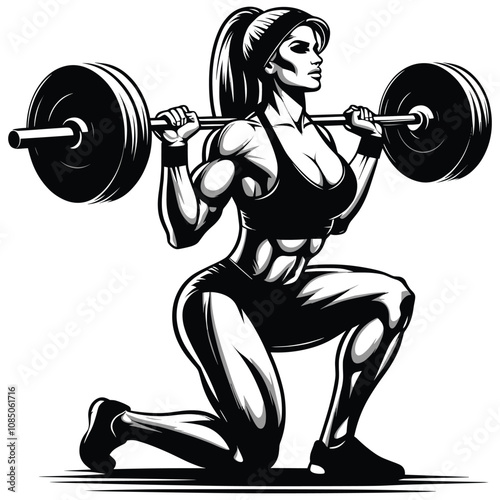 Strong Woman Squatting with Barbell Fitness and Strength Illustration 