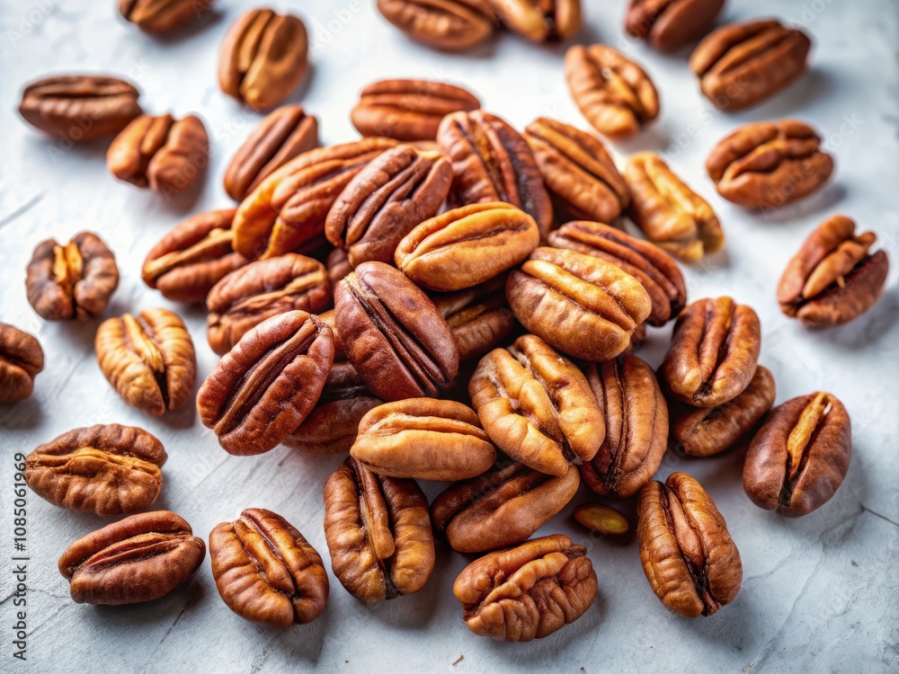 Closeup of Pecans on White Surface, Featuring Broken Halves of Delicious Pecan Nuts for Culinary and Food Photography with Natural Textures and Details Closeup of Pecans on White Surface, Featuring Broken Halves of Delicious Pecan Nuts for Culinary and Food Photography with Natural Textures and Details