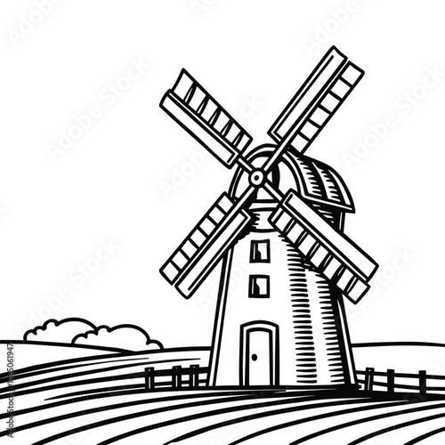 Traditional Four Sail Windmill in Countryside – Black and White Illustration
 
