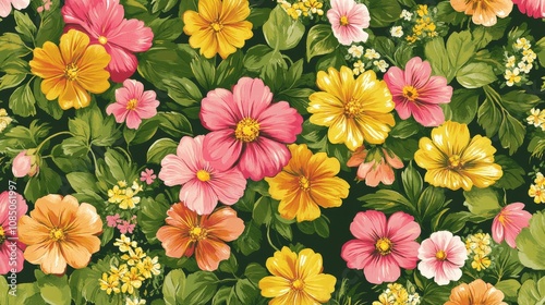 Cheerful background with colorful floral pattern. Features flowers in shades of pink, yellow and green.