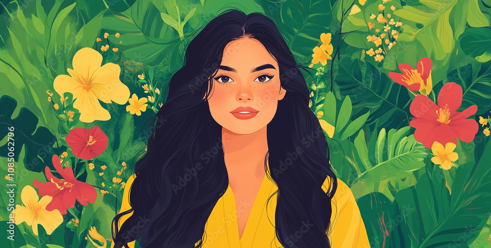 Garden and gardening. Vector illustration of a cute woman on a beautiful background, banner or poster, Woman's day or Christmas Day greeting card