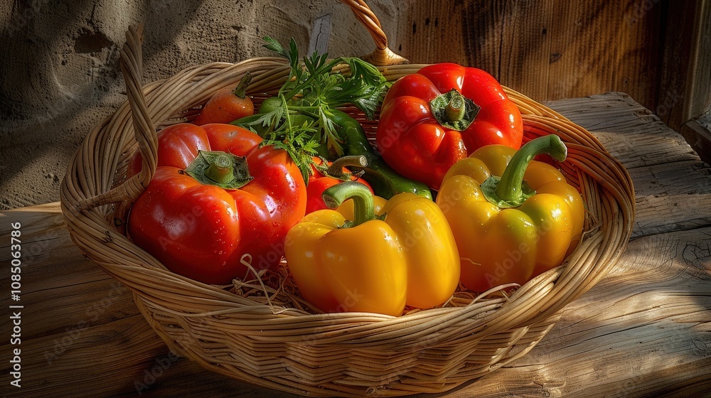 Colorful Bell Peppers in a Woven Basket Colorful Bell Peppers in a Woven Basket