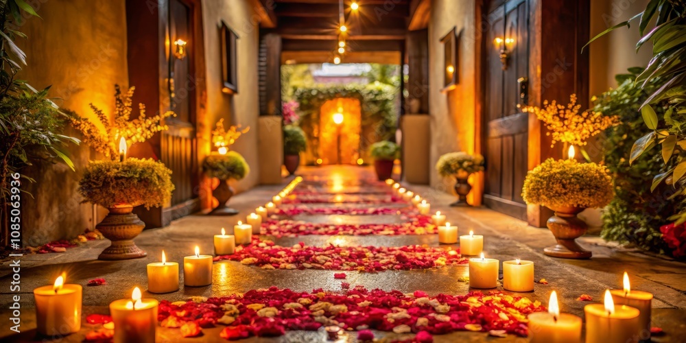Obraz premium Serene Diwali Pathway Adorned with Candles and Flower Petals Leading to a Beautifully Decorated Entrance in a Warmly Welcoming Atmosphere of Festivity
