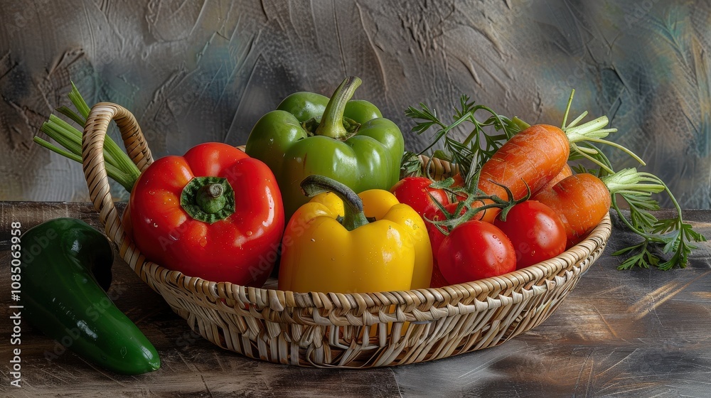 Colorful Fresh Vegetables in a Basket Display Colorful Fresh Vegetables in a Basket Display