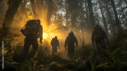 Group exploring a dense forest, natural light streaming through tall trees, sense of wonder and discovery, immersive outdoor experience