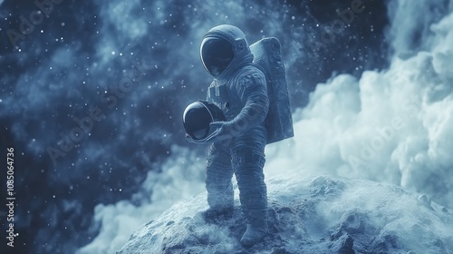 ** Astronaut Standing on Moon Surface Holding Helmet with Starry Space Background and Clouds in Futuristic Sci-Fi Scene..**