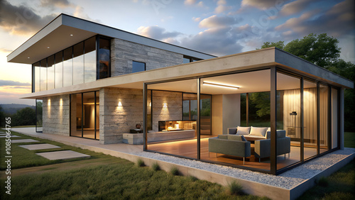 modern luxury home in oak hill, austin, texas featuring large windows, glass sliding doors, and a stylish fireplace with a tv on a white stone wall.