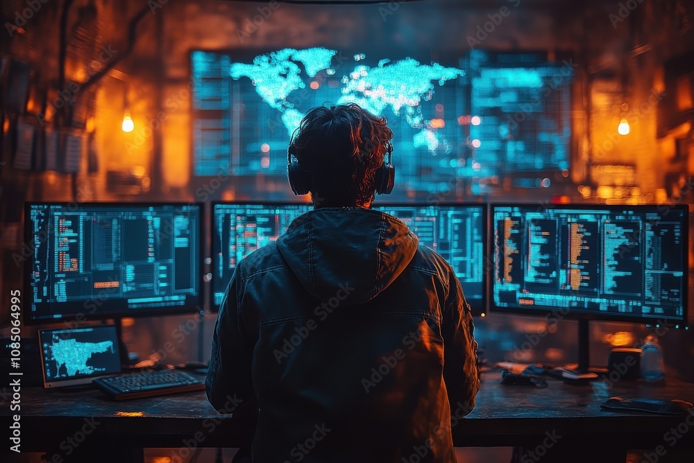 A lone hacker in a dimly lit room, surrounded by glowing screens filled with code, representing the dangers of cyber threats, data breaches, and digital espionage in today’s interconnected world A lone hacker in a dimly lit room, surrounded by glowing screens filled with code, representing the dangers of cyber threats, data breaches, and digital espionage in today’s interconnected world