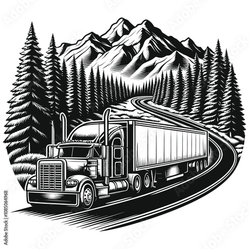 Heavy Duty Semi Truck Traveling Through Scenic Mountainous Forest Landscape
