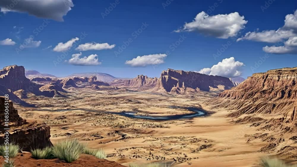 The image captures a wide expanse of desert terrain, dominated by sandy plains and rugged, layered rock formations The image captures a wide expanse of desert terrain, dominated by sandy plains and rugged, layered rock formations