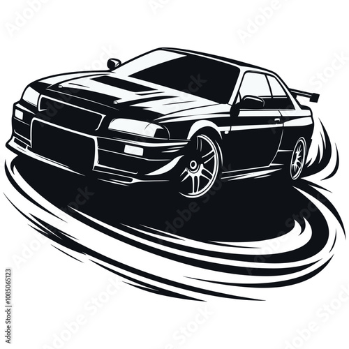 Stylish Racing Car Drifting on a Track with Tire Smoke in Monochrome Illustration 
