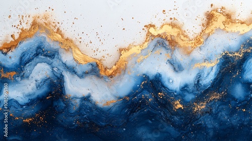 Abstract waves in blue and gold, showcasing fluid art techniques.