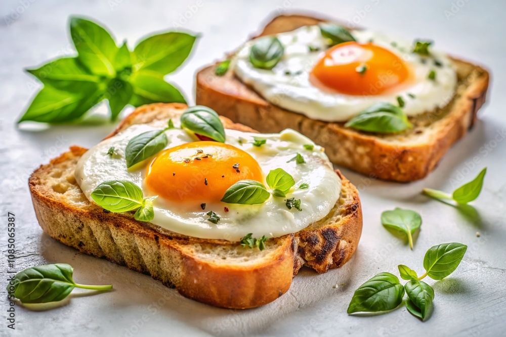 Two Fried Eggs on Toasted Bread with Fresh Basil and Raw Eggs on White Background for a Nutritious Breakfast Two Fried Eggs on Toasted Bread with Fresh Basil and Raw Eggs on White Background for a Nutritious Breakfast