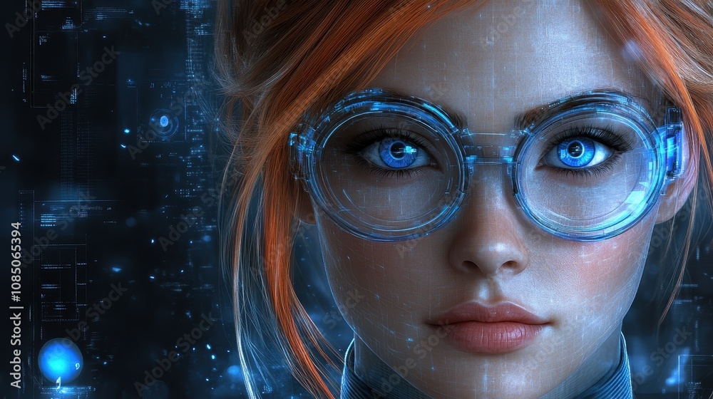 Futuristic Portrait of a Female Scientist with Bright Blue Eyes and Orange Hair, Wearing High-Tech Glasses Against a Digital Background with Data Visuals Futuristic Portrait of a Female Scientist with Bright Blue Eyes and Orange Hair, Wearing High-Tech Glasses Against a Digital Background with Data Visuals