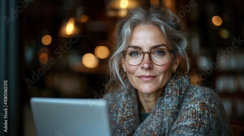 Thoughtful middle-aged woman with glasses working on laptop in a cozy cafe setting, showcasing serenity, focus, and warmth in her expression