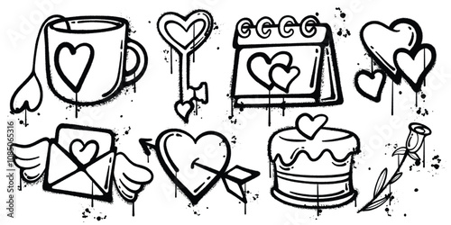 Set of graffiti spray paint 14 february elements vector illustration