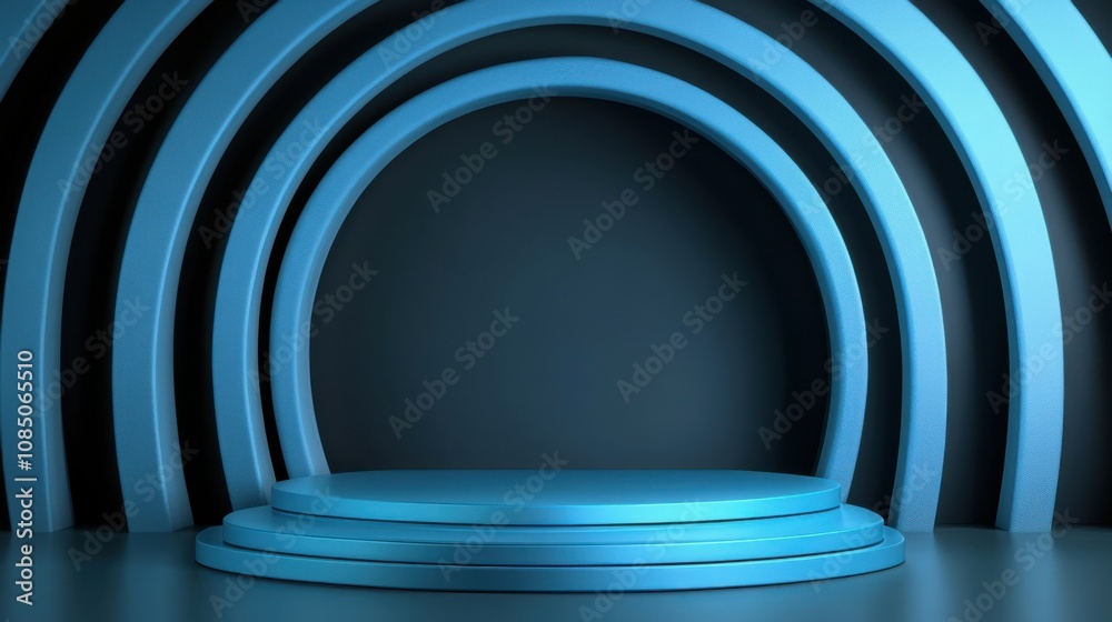 Fototapeta premium Abstract podium setup in minimal 3D style, ideal for product presentations, with a blue background for visual contrast