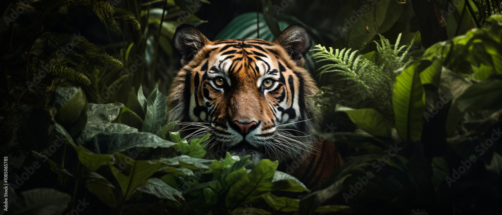 Tiger in the jungle, moving through dense foliage with striking orange and black stripes, embodying power and grace. Tiger in the jungle, moving through dense foliage with striking orange and black stripes, embodying power and grace.