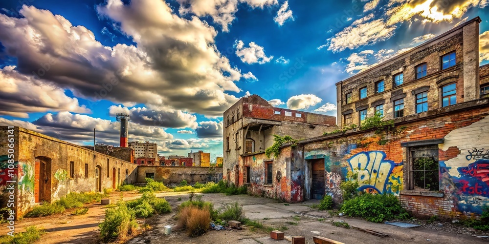 Fototapeta premium Urban Exploration Photography Featuring Clear Skies and Cumulus Clouds Over Abandoned Buildings and Cityscapes, Capturing the Beauty of Urban Landscapes in Natural Light
