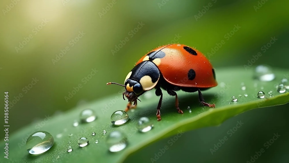 This image shows a ladybug beetle with a bright red body color and a distinctive black dot pattern, sitting on top of a green leaf. This image shows a ladybug beetle with a bright red body color and a distinctive black dot pattern, sitting on top of a green leaf.