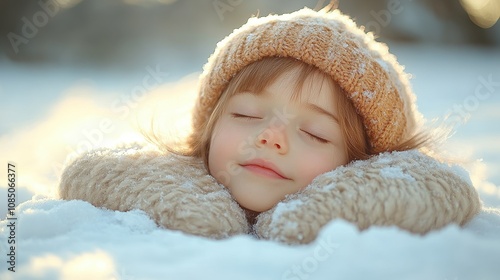 Serene Winter Scene of Child Embracing Calmness in Snow, Wearing Cozy Knitted Hat and Soft Mittens, Capturing Joyful Winter Moments in Nature's Wonderland photo