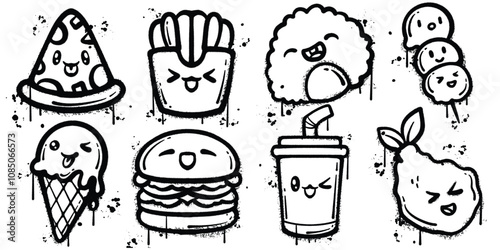 Set of graffiti spray paint fast food elements vector illustration