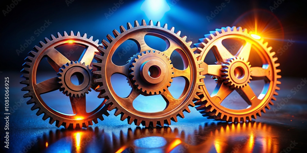 Three Interlocking Gears on a Blue Background: The Concept of Collaboration and Mechanism in Night Photography Three Interlocking Gears on a Blue Background: The Concept of Collaboration and Mechanism in Night Photography