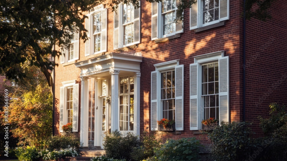 Fototapeta premium Brick home with white shutters framing windows, adding brightness to the exterior