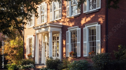 Brick home with white shutters framing windows, adding brightness to the exterior