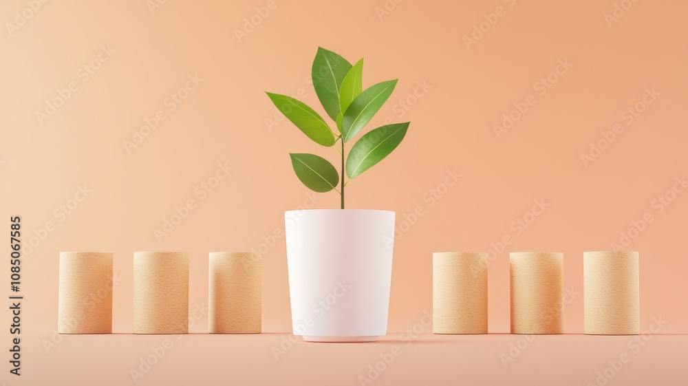 Quality over quantity concept. A small plant with green leaves grows in a white pot, surrounded by cork-like cylinders against a soft orange background. Quality over quantity concept. A small plant with green leaves grows in a white pot, surrounded by cork-like cylinders against a soft orange background.