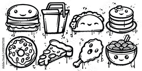 Set of graffiti spray paint fast foods  elements vector illustration