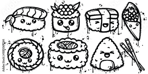Set of graffiti spray paint japan food  elements vector illustration