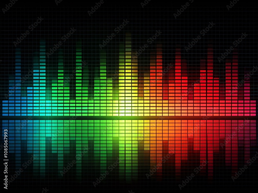 Vibrant Equalizer Bars Displaying a Sound Spectrum from Green to Red on a Black Background with Ample Space for Text or Branding Vibrant Equalizer Bars Displaying a Sound Spectrum from Green to Red on a Black Background with Ample Space for Text or Branding