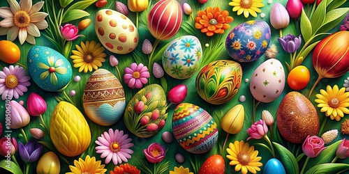 Vibrant Easter Eggs Nestled Among Blooming Flowers in a Whimsical Illustrated Background Perfect for Celebrating Spring Festivities and Seasonal Joy