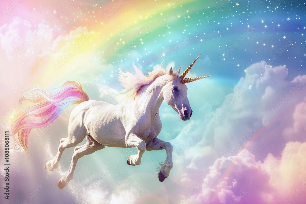 Fototapeta premium Fantastically beautiful mythological pink unicorn with long horn