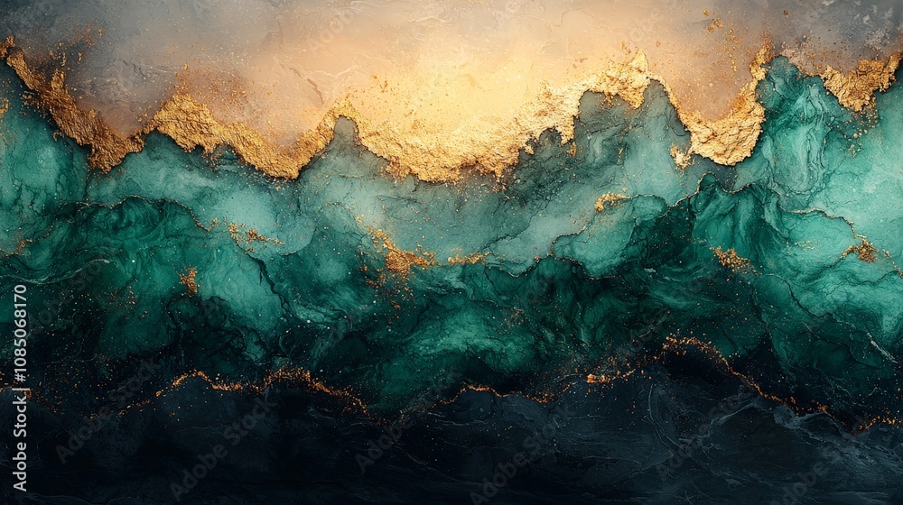 Abstract waves in teal and gold, evoking a sense of movement and tranquility. Abstract waves in teal and gold, evoking a sense of movement and tranquility.