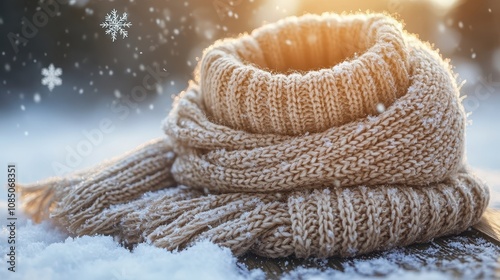 Cozy Knitted Scarf on Snowy Surface with Soft Winter Light and Falling Snowflakes for Seasonal Fashion and Warmth Imagery in Cold Weather