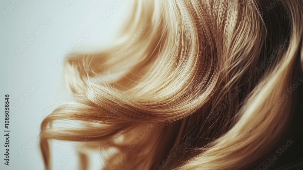 Naklejka premium Beautiful model girl with blond hair strand,silky healthy chestnut wavy golden hair strand,hair wavy ribbon,Keratin straightening,Treatment,straight long hair,procedures,Smooth hairstyle.
