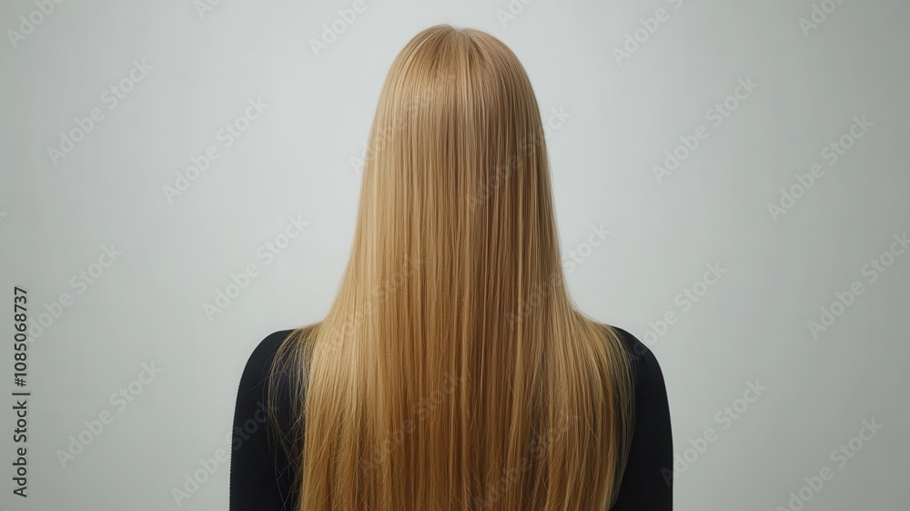 Naklejka premium Beautiful model girl with blond hair strand,silky healthy chestnut wavy golden hair strand,hair wavy ribbon,Keratin straightening,Treatment,straight long hair,procedures,Smooth hairstyle.