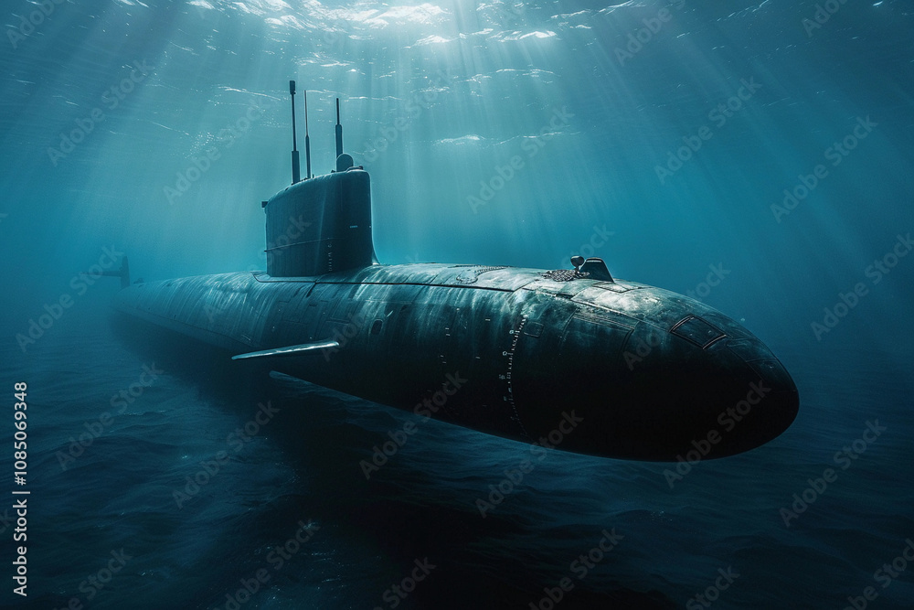 Beautiful large submarine floating in middle of ocean during mission Beautiful large submarine floating in middle of ocean during mission