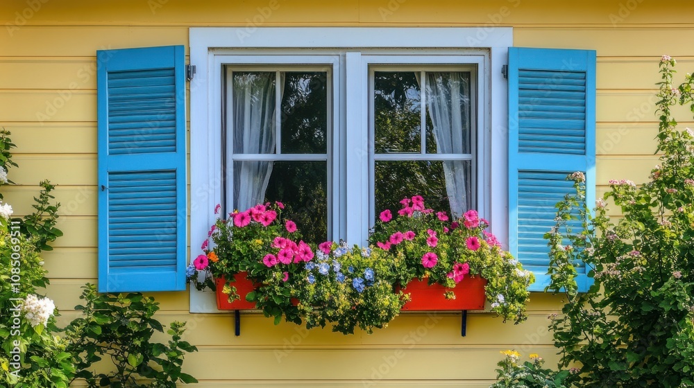 Cozy home with colorful shutters and flower boxes, creating a cheerful and vibrant appearance Cozy home with colorful shutters and flower boxes, creating a cheerful and vibrant appearance
