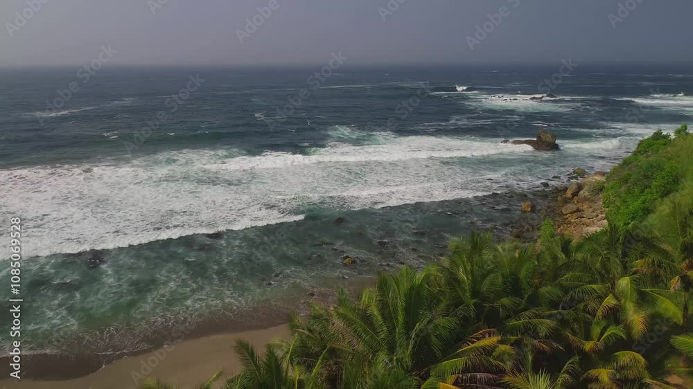 Drone view of Pecaron beach Kebumen Central Java with coconut trees, beach sand, coral and waves from the sea Drone view of Pecaron beach Kebumen Central Java with coconut trees, beach sand, coral and waves from the sea